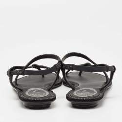 Pre Owned René Caovilla Black Satin Crystal Embellished Strappy Flats Size 38