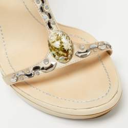 Pre Owned Rene Caovilla Beige Satin Crystal Embellished Ankle-Strap Platform Sandals Size 37.5