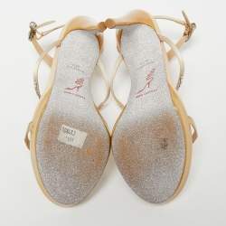 Pre Owned Rene Caovilla Beige Satin Crystal Embellished Ankle-Strap Platform Sandals Size 37.5