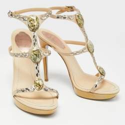 Pre Owned Rene Caovilla Beige Satin Crystal Embellished Ankle-Strap Platform Sandals Size 37.5