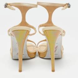 Pre Owned Rene Caovilla Beige Satin Crystal Embellished Ankle-Strap Platform Sandals Size 37.5
