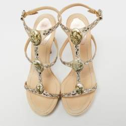 Pre Owned Rene Caovilla Beige Satin Crystal Embellished Ankle-Strap Platform Sandals Size 37.5