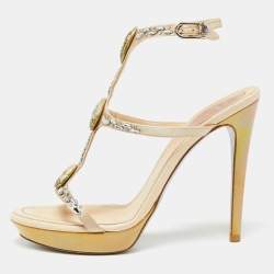 Pre Owned Rene Caovilla Beige Satin Crystal Embellished Ankle-Strap Platform Sandals Size 37.5