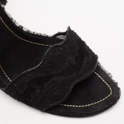 Pre Owned René Caovilla Black Suede and Lace Embellished Ankle Tie Sandals Size 38.5