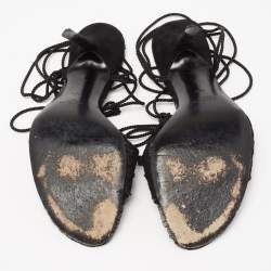 Pre Owned René Caovilla Black Suede and Lace Embellished Ankle Tie Sandals Size 38.5