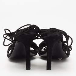 Pre Owned René Caovilla Black Suede and Lace Embellished Ankle Tie Sandals Size 38.5