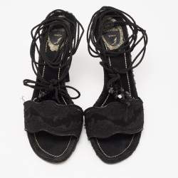 Pre Owned René Caovilla Black Suede and Lace Embellished Ankle Tie Sandals Size 38.5