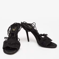 Pre Owned René Caovilla Black Suede and Lace Embellished Ankle Tie Sandals Size 38.5