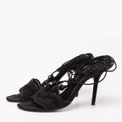 Pre Owned René Caovilla Black Suede and Lace Embellished Ankle Tie Sandals Size 38.5