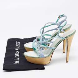 René Caovilla Two Tone Crystal Embellished Satin Ankle-Strap Platform Sandals Size 37.5
