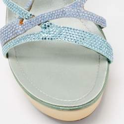 René Caovilla Two Tone Crystal Embellished Satin Ankle-Strap Platform Sandals Size 37.5
