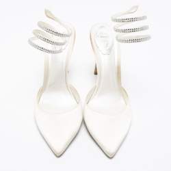 Pre Owned René Caovilla White  Satin Crystal Embellished Ankle Wrap Sandals  Size 41 