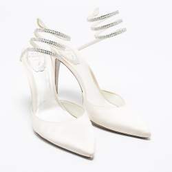 Pre Owned René Caovilla White  Satin Crystal Embellished Ankle Wrap Sandals  Size 41 