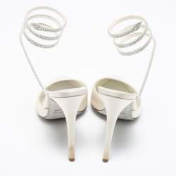 Pre Owned René Caovilla White  Satin Crystal Embellished Ankle Wrap Sandals  Size 41 
