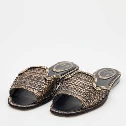 Pre Owned René Caovilla Metallic Copper/Black Python Crystal Embellished Flat Slide Size 36