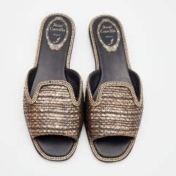 Pre Owned René Caovilla Metallic Copper/Black Python Crystal Embellished Flat Slide Size 36