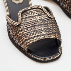 Pre Owned René Caovilla Metallic Copper/Black Python Crystal Embellished Flat Slide Size 36