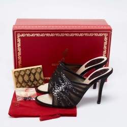 Rene Caovilla Black  Fabric And Mesh Chiffon Crystal Embellished Slide Sandals Size  37