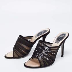 Rene Caovilla Black  Fabric And Mesh Chiffon Crystal Embellished Slide Sandals Size  37
