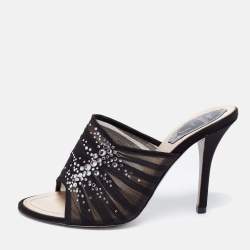 Rene Caovilla Black  Fabric And Mesh Chiffon Crystal Embellished Slide Sandals Size  37