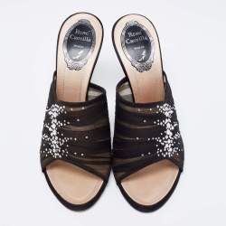 Rene Caovilla Black  Fabric And Mesh Chiffon Crystal Embellished Slide Sandals Size  37