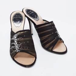 Rene Caovilla Black  Fabric And Mesh Chiffon Crystal Embellished Slide Sandals Size  37