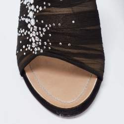 Rene Caovilla Black  Fabric And Mesh Chiffon Crystal Embellished Slide Sandals Size  37