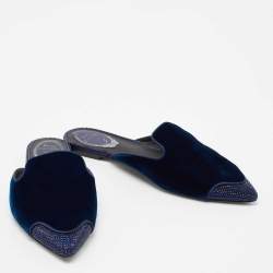 Pre Owned René Caovilla Navy Blue Velvet Crystal Embellished Pointed Toe Flat Mule Size 37