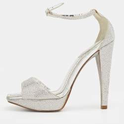 René Caovilla Metallic Silver Crystal Embellished Satin Ankle Strap Platform Sandals Size 37.5