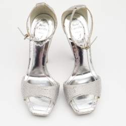 René Caovilla Metallic Silver Crystal Embellished Satin Ankle Strap Platform Sandals Size 37.5