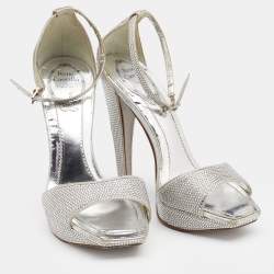 René Caovilla Metallic Silver Crystal Embellished Satin Ankle Strap Platform Sandals Size 37.5