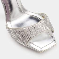René Caovilla Metallic Silver Crystal Embellished Satin Ankle Strap Platform Sandals Size 37.5