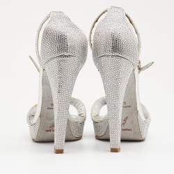 René Caovilla Metallic Silver Crystal Embellished Satin Ankle Strap Platform Sandals Size 37.5