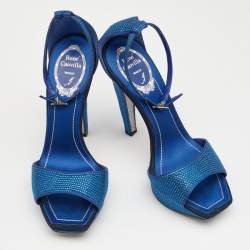 René Caovilla Metallic Blue Crystal Embellished Satin Ankle Strap Platform Sandals Size 37