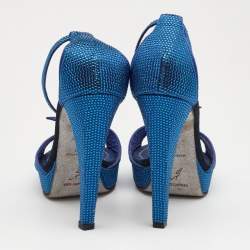 René Caovilla Metallic Blue Crystal Embellished Satin Ankle Strap Platform Sandals Size 37