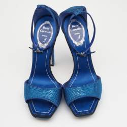 René Caovilla Metallic Blue Crystal Embellished Satin Ankle Strap Platform Sandals Size 37