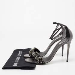مملوكة مسبقًا René Caovilla Dark Grey Leather Crystal Embellished Ankle Strap Sandals Size 39.5
