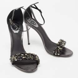 مملوكة مسبقًا René Caovilla Dark Grey Leather Crystal Embellished Ankle Strap Sandals Size 39.5