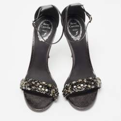مملوكة مسبقًا René Caovilla Dark Grey Leather Crystal Embellished Ankle Strap Sandals Size 39.5
