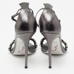 مملوكة مسبقًا René Caovilla Dark Grey Leather Crystal Embellished Ankle Strap Sandals Size 39.5