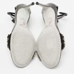 مملوكة مسبقًا René Caovilla Dark Grey Leather Crystal Embellished Ankle Strap Sandals Size 39.5