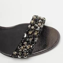 مملوكة مسبقًا René Caovilla Dark Grey Leather Crystal Embellished Ankle Strap Sandals Size 39.5