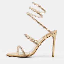 Pre Owned René Caovilla Metallic Gold Satin Cleo Crystal Embellished Sandals Size 37