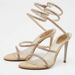 Pre Owned René Caovilla Metallic Gold Satin Cleo Crystal Embellished Sandals Size 37