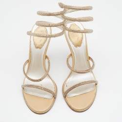 Pre Owned René Caovilla Metallic Gold Satin Cleo Crystal Embellished Sandals Size 37