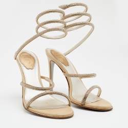 Pre Owned René Caovilla Metallic Gold Satin Cleo Crystal Embellished Sandals Size 37