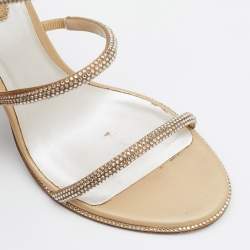 Pre Owned René Caovilla Metallic Gold Satin Cleo Crystal Embellished Sandals Size 37