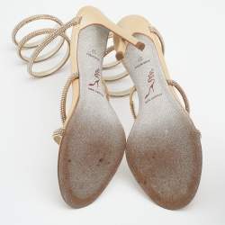 Pre Owned René Caovilla Metallic Gold Satin Cleo Crystal Embellished Sandals Size 37