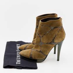 Pre Owned René Caovilla Khaki Green Suede Crystal Embellished Ankle Boots Size 37
