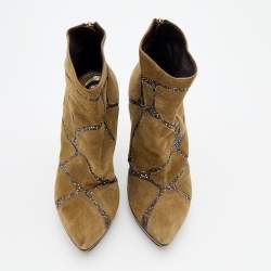 Pre Owned René Caovilla Khaki Green Suede Crystal Embellished Ankle Boots Size 37